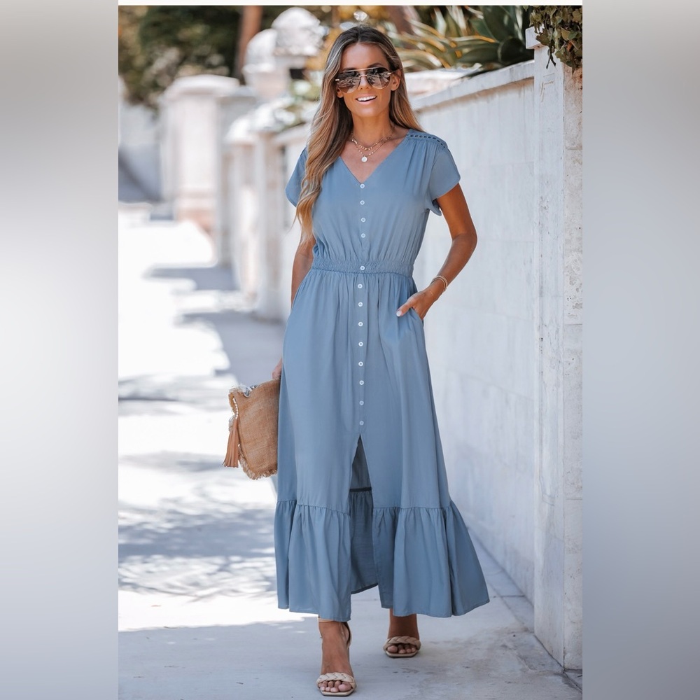 Cupshe Slate Blue Midi Dress with Button Detail